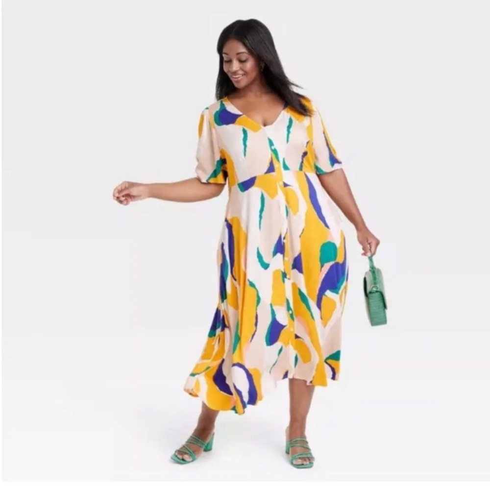 Ava & Viv Short Sleeve Button Front Shirtdress - size 2X multi colored dress